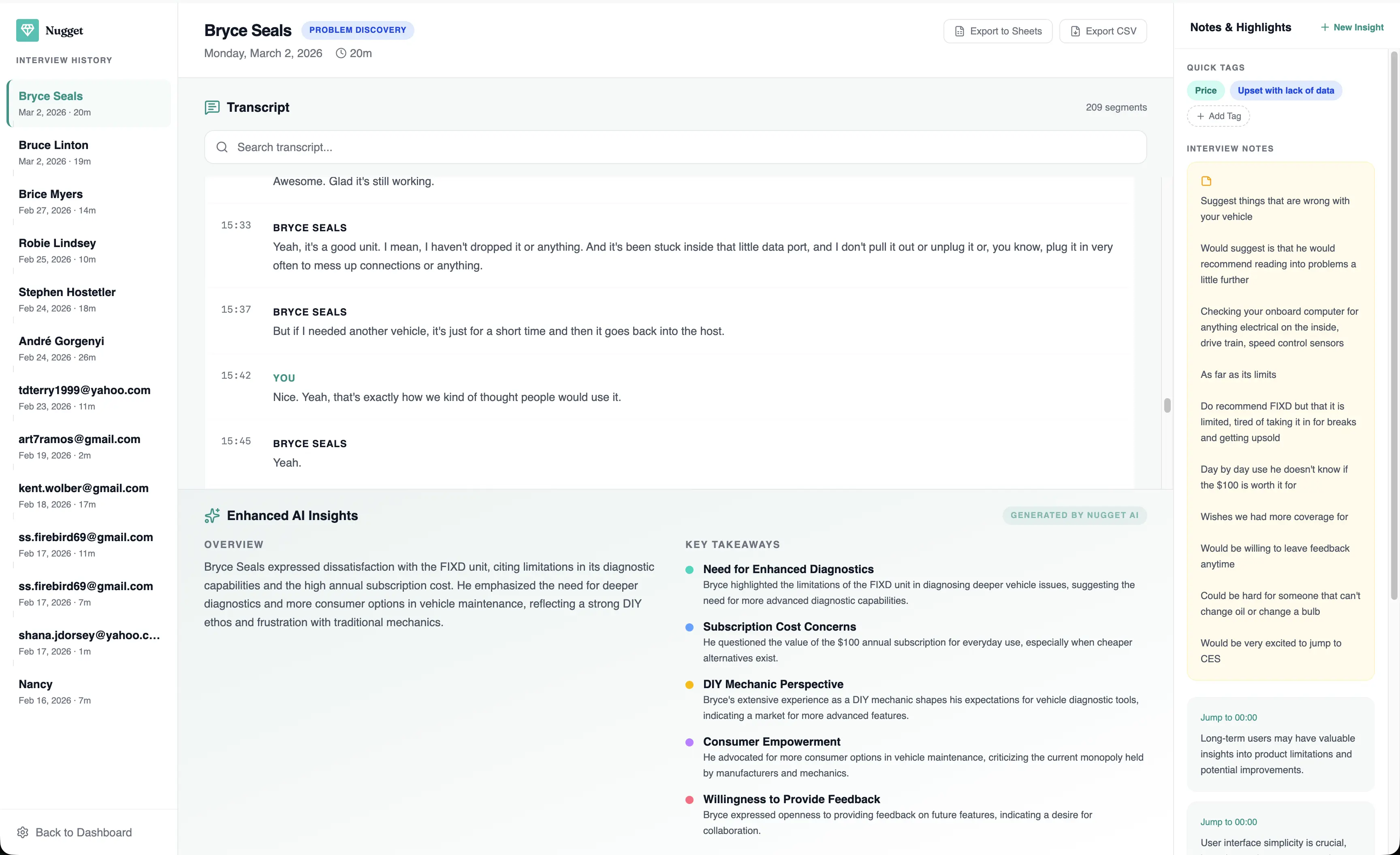 Nugget AI customer interview transcript and insight workspace